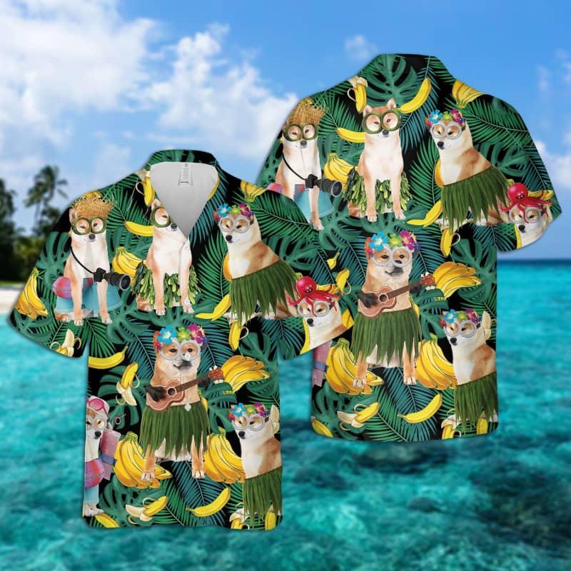 Shiba Inu Hawaiian Shirt, Tropical Summer Leaves Hawaiian Shirt For Men - Perfect Gift For Shiba Inu Lovers, Husband, Boyfriend, Friend, Family - Amzanimalsgift