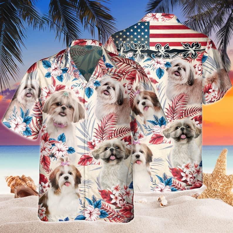 Shih Tzu Aloha Hawaiian Shirts For Summer, Dog Tropical Independence Day USA Flag Hawaiian Shirt For Men Women, 4th of July Gift For Dog Lovers - Amzanimalsgift