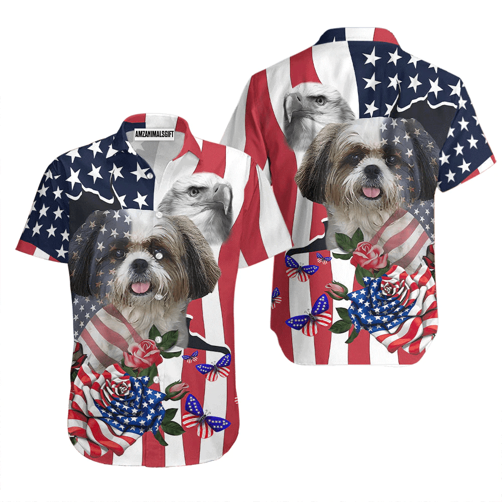 Shih Tzu Cute Pet US 4th July Independence Day Aloha Hawaiian Shirts For Men Women, American Flag Hawaiian Shirt, Gift For Summer, Patriot, Dog Lovers - Amzanimalsgift