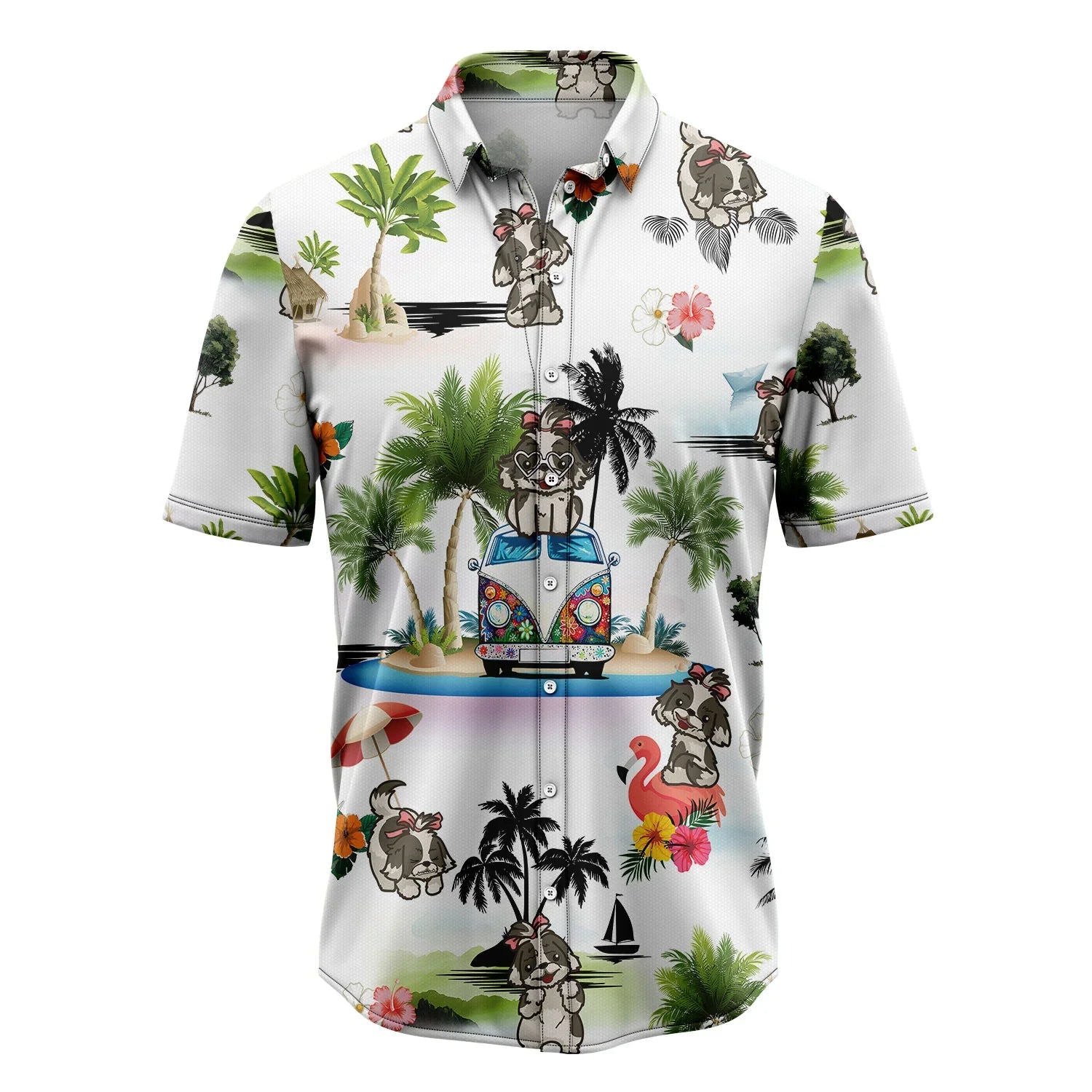 Shih Tzu Hawaiian Shirt, Dog Hippie Car Palm Vacation Aloha Shirt For Men Women - Perfect Gift For Dog Lovers, Husband, Boyfriend, Friend, Wife - Amzanimalsgift