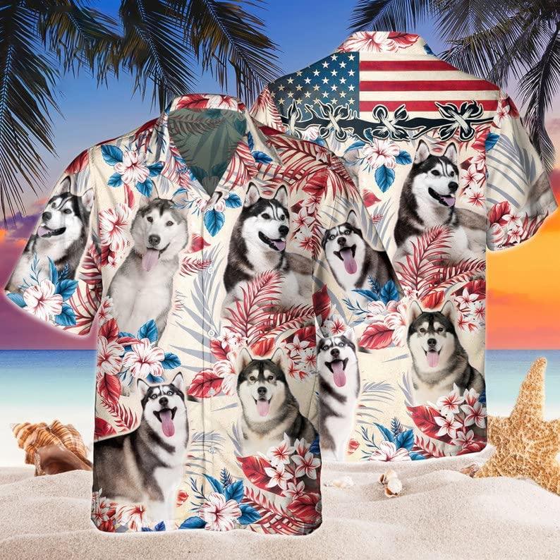 Siberian Husky Aloha Hawaiian Shirts For Summer, Dog Tropical Independence Day USA Flag Hawaiian Shirt For Men Women, 4th of July Gift For Dog Lovers - Amzanimalsgift