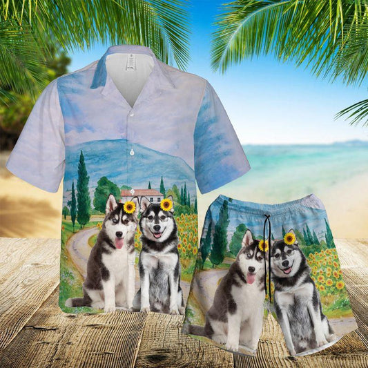 Siberian Husky Couple Aloha Hawaiian Shirts For Summer, Dog Sunflower Hawaiian Set Holiday For Men Women, Gift For Dog Lovers, Dog Owner, Dog Mom Dad - Amzanimalsgift