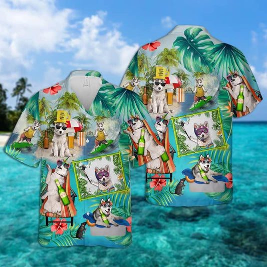 Siberian Husky Hawaiian Shirt, Dog Surfing, Tropical Summer Aloha Shirt For Men - Perfect Gift For Siberian Husky Lovers, Friend, Family - Amzanimalsgift