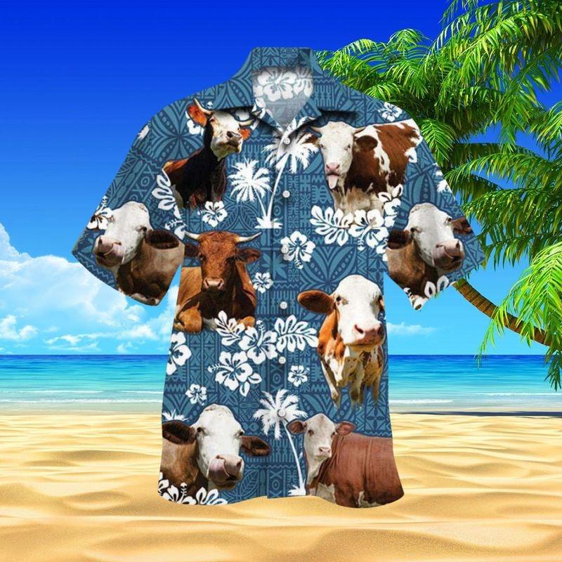 Simmental Cattle Aloha Hawaiian Shirt - Funny Cattle Hawaiian Shirt, Tropical Leaves Hawaiian Shirt For Men & Women, Cattle Lover, Farmer - Amzanimalsgift