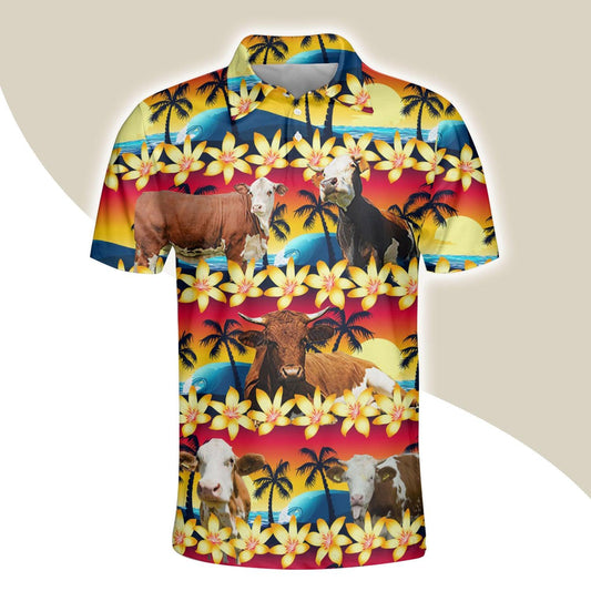 Simmental Men Polo Shirts For Summer - Simmental Beach Sunset Pattern Button Shirts For Men - Perfect Gift For Simmental Lovers, Cattle Lovers - Amzanimalsgift