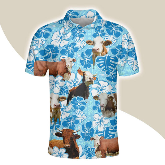 Simmental Men Polo Shirts For Summer - Simmental Blue Floral Pattern Button Shirts For Men - Perfect Gift For Simmental Lovers, Cattle Lovers - Amzanimalsgift