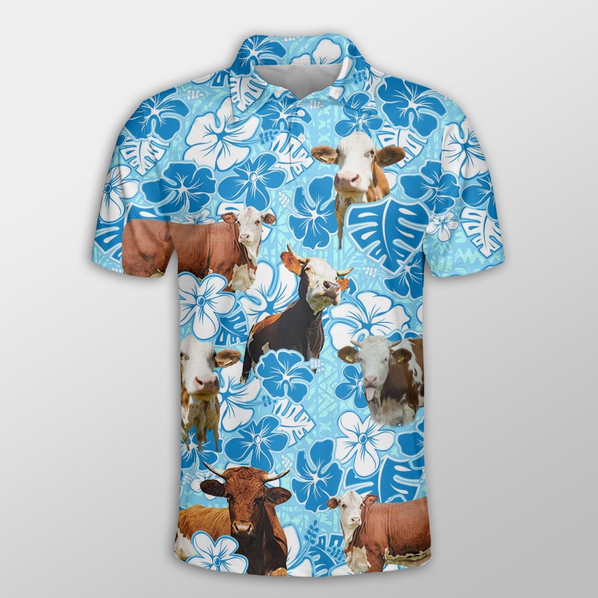 Simmental Men Polo Shirts For Summer - Simmental Blue Floral Pattern Button Shirts For Men - Perfect Gift For Simmental Lovers, Cattle Lovers - Amzanimalsgift