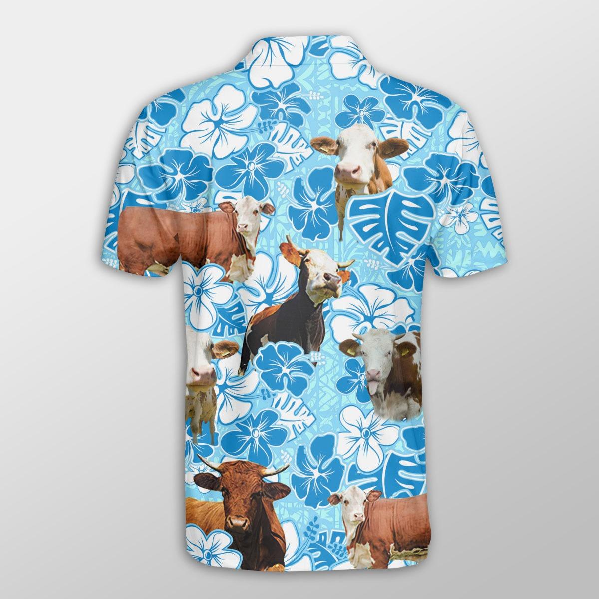 Simmental Men Polo Shirts For Summer - Simmental Blue Floral Pattern Button Shirts For Men - Perfect Gift For Simmental Lovers, Cattle Lovers - Amzanimalsgift
