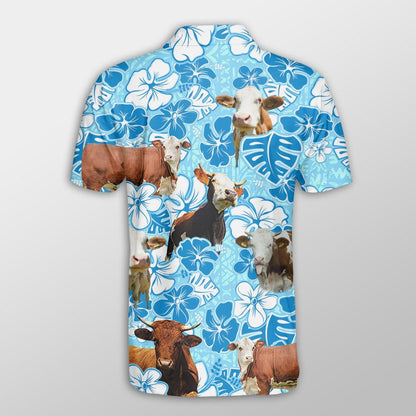 Simmental Men Polo Shirts For Summer - Simmental Blue Floral Pattern Button Shirts For Men - Perfect Gift For Simmental Lovers, Cattle Lovers - Amzanimalsgift