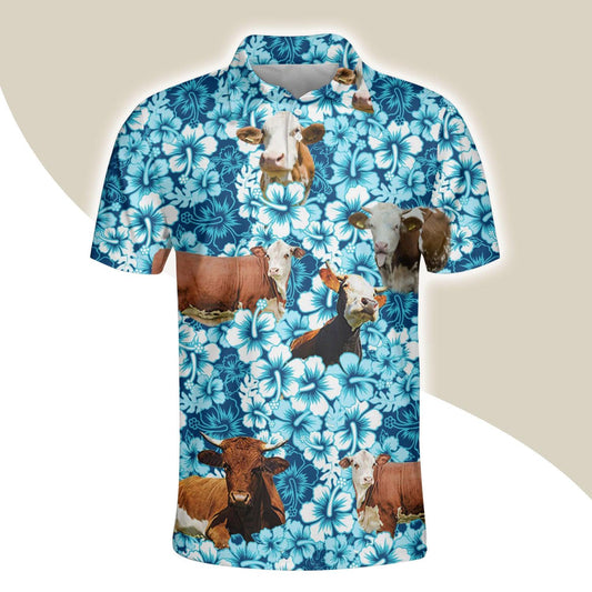 Simmental Men Polo Shirts For Summer - Simmental Blue Hibiscus Pattern Button Shirts For Men - Perfect Gift For Simmental Lovers, Cattle Lovers - Amzanimalsgift