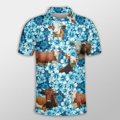 Simmental Men Polo Shirts For Summer - Simmental Blue Hibiscus Pattern Button Shirts For Men - Perfect Gift For Simmental Lovers, Cattle Lovers - Amzanimalsgift