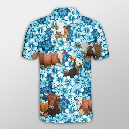 Simmental Men Polo Shirts For Summer - Simmental Blue Hibiscus Pattern Button Shirts For Men - Perfect Gift For Simmental Lovers, Cattle Lovers - Amzanimalsgift
