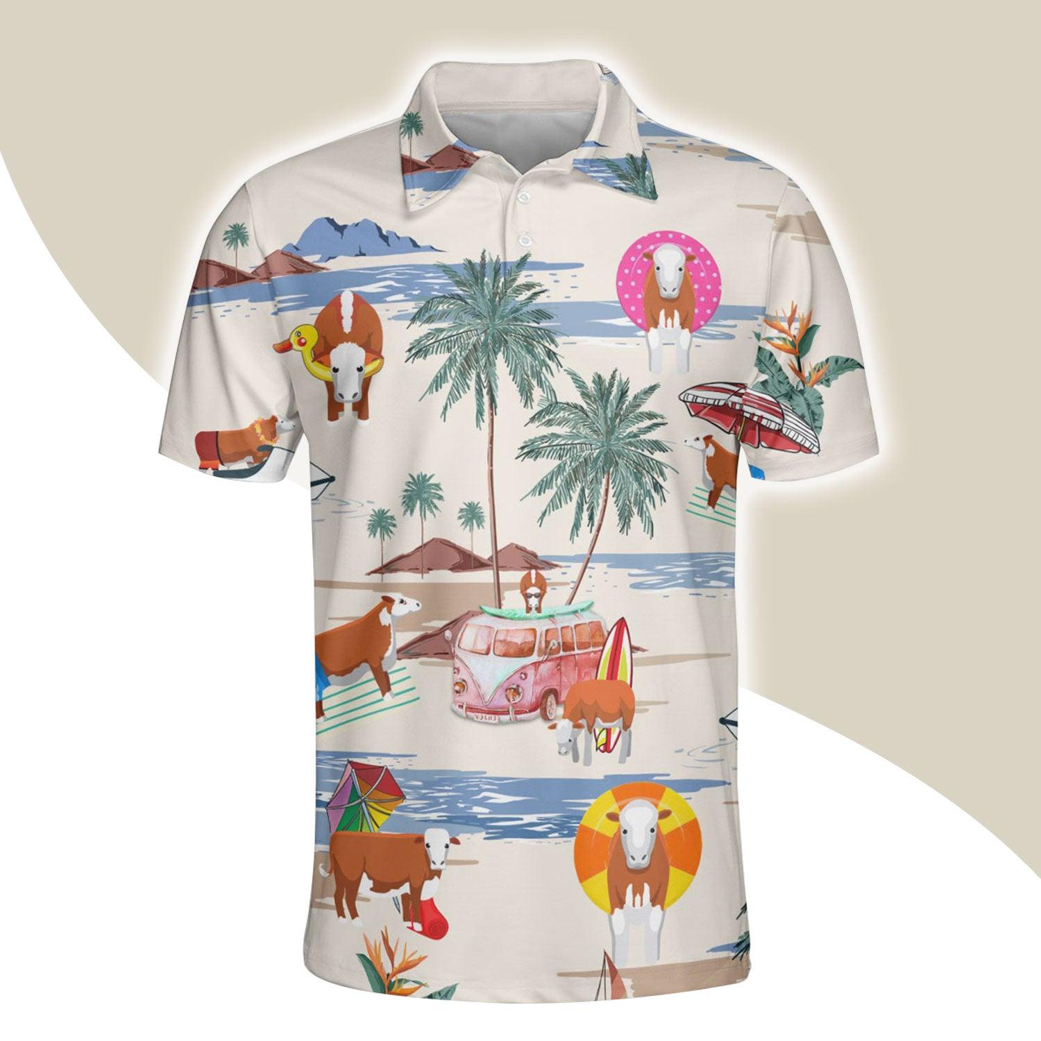 Simmental Men Polo Shirts For Summer - Simmental Summer Beach Pattern Button Shirts For Men - Perfect Gift For Simmental Lovers, Cattle Lovers - Amzanimalsgift