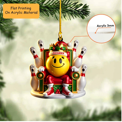 Personalized Bowling Christmas Ornament, Smiley King On Throne Scared Pins, Custom Ornament Christmas Gift, Keychain Bowling, Car Ornament Bowling