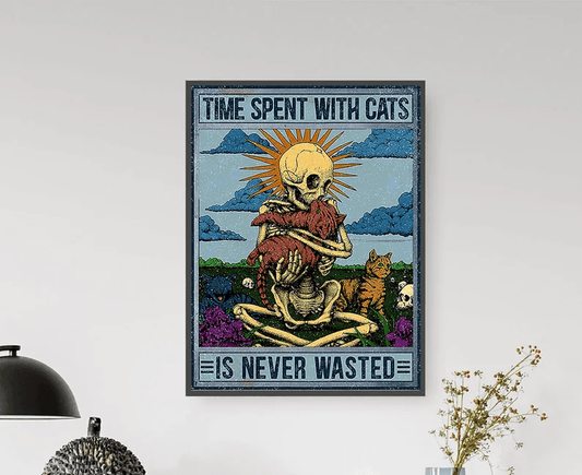 Skeleton & Cats Portrait Canvas - Time Spent With Cats Is Never Wasted, Funny Cat Canvas - Perfect Gift For Cat Lover, Friend, Family - Amzanimalsgift