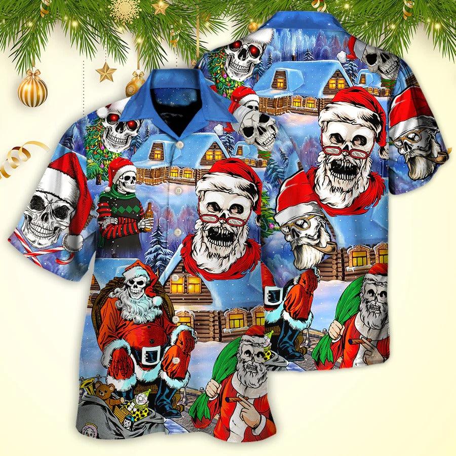 Skull Aloha Hawaiian Shirt For Summer - Christmas Skull Santa In The Town Love Xmas Hawaiian Shirt - Perfect Gift For Men, Women, Skull Lover - Amzanimalsgift