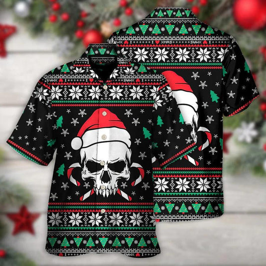 Skull Aloha Hawaiian Shirt For Summer - Christmas Skull Wearing Santa Claus Hat And Sweat Candy Hawaiian Shirt - Perfect Gift For Men, Women, Skull Lover - Amzanimalsgift