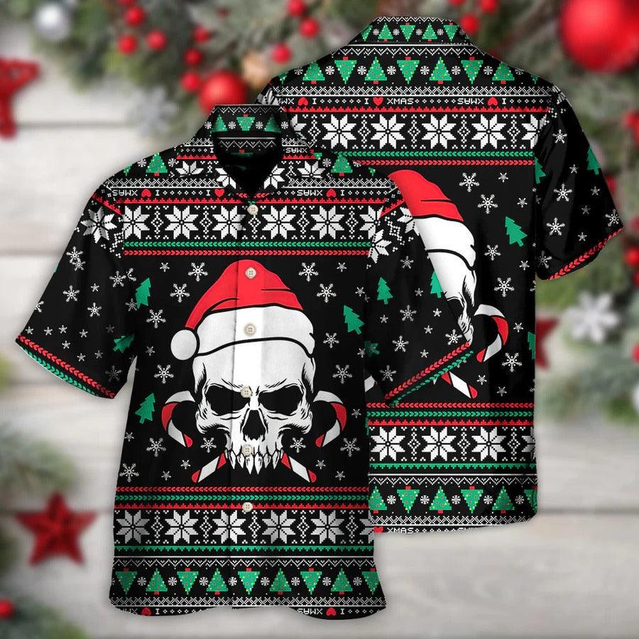 Skull Aloha Hawaiian Shirt For Summer - Christmas Skull Wearing Santa Claus Hat And Sweat Candy Hawaiian Shirt - Perfect Gift For Men, Women, Skull Lover - Amzanimalsgift