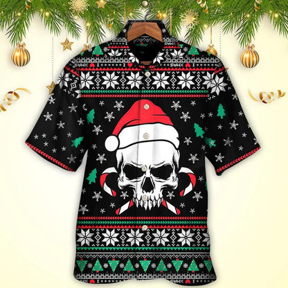 Skull Aloha Hawaiian Shirt For Summer - Christmas Skull Wearing Santa Claus Hat And Sweat Candy Hawaiian Shirt - Perfect Gift For Men, Women, Skull Lover - Amzanimalsgift