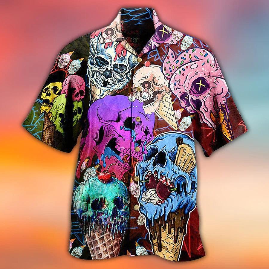 Skull Aloha Hawaiian Shirt For Summer - Skull And Ice Cream, Melt Skull Hawaiian Shirt - Perfect Gift For Men, Women, Skull Lover - Amzanimalsgift