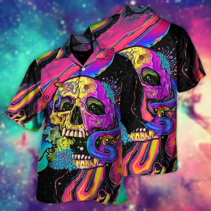 Skull Aloha Hawaiian Shirt For Summer - Skull And Moth Night Butterfly Neon Style Hawaiian Shirt - Perfect Gift For Men, Women, Skull Lover - Amzanimalsgift