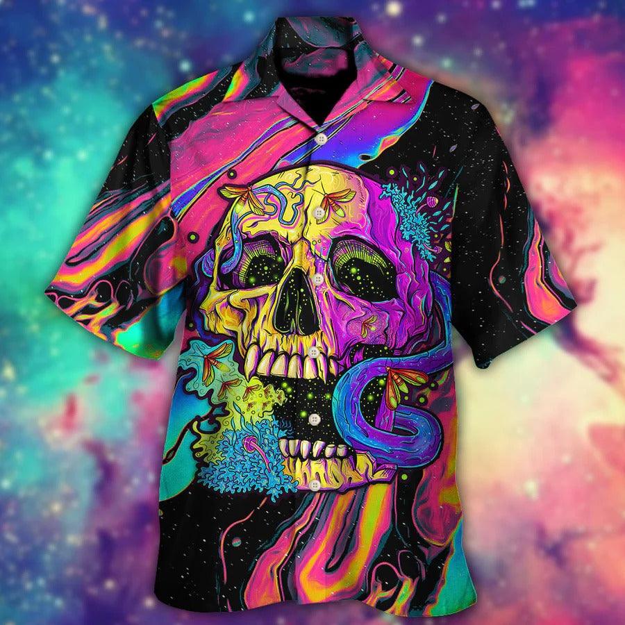 Skull Aloha Hawaiian Shirt For Summer - Skull And Moth Night Butterfly Neon Style Hawaiian Shirt - Perfect Gift For Men, Women, Skull Lover - Amzanimalsgift