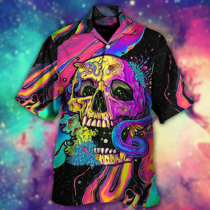 Skull Aloha Hawaiian Shirt For Summer - Skull And Moth Night Butterfly Neon Style Hawaiian Shirt - Perfect Gift For Men, Women, Skull Lover - Amzanimalsgift