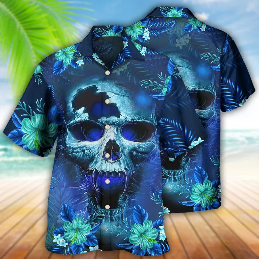 Skull Aloha Hawaiian Shirt For Summer - Skull Blue Hello Summer Style Hawaiian Shirt - Perfect Gift For Men, Women, Skull Lover - Amzanimalsgift