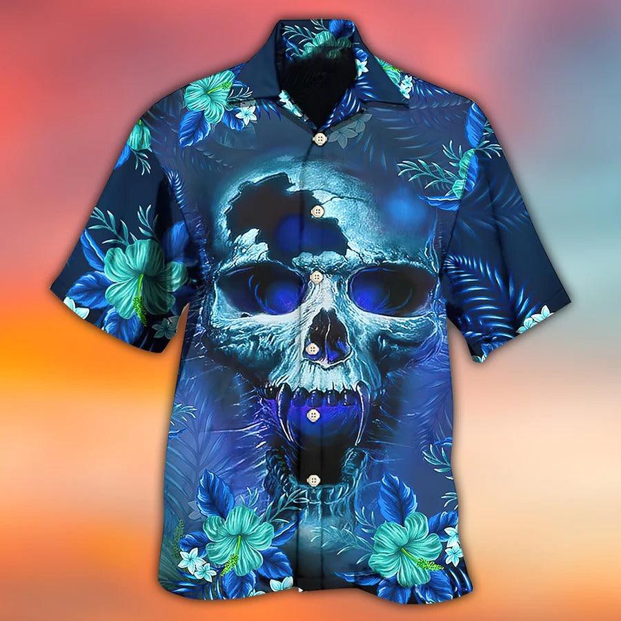 Skull Aloha Hawaiian Shirt For Summer - Skull Blue Hello Summer Style Hawaiian Shirt - Perfect Gift For Men, Women, Skull Lover - Amzanimalsgift