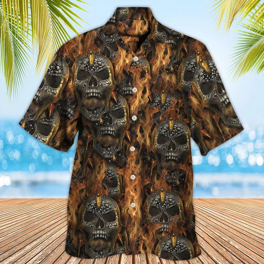 Skull Aloha Hawaiian Shirt For Summer - Skull Bullet Head Shot Fire Hawaiian Shirt - Perfect Gift For Men, Women, Skull Lover - Amzanimalsgift