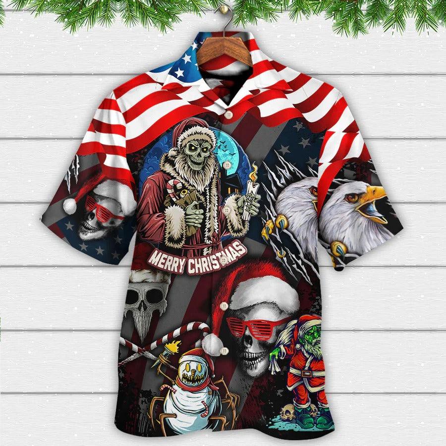 Skull Aloha Hawaiian Shirt For Summer - Skull Christmas US Flag Skeleton And Eagle Xmas Vibe Hawaiian Shirt - Perfect Gift For Men, Women, Skull Lover - Amzanimalsgift
