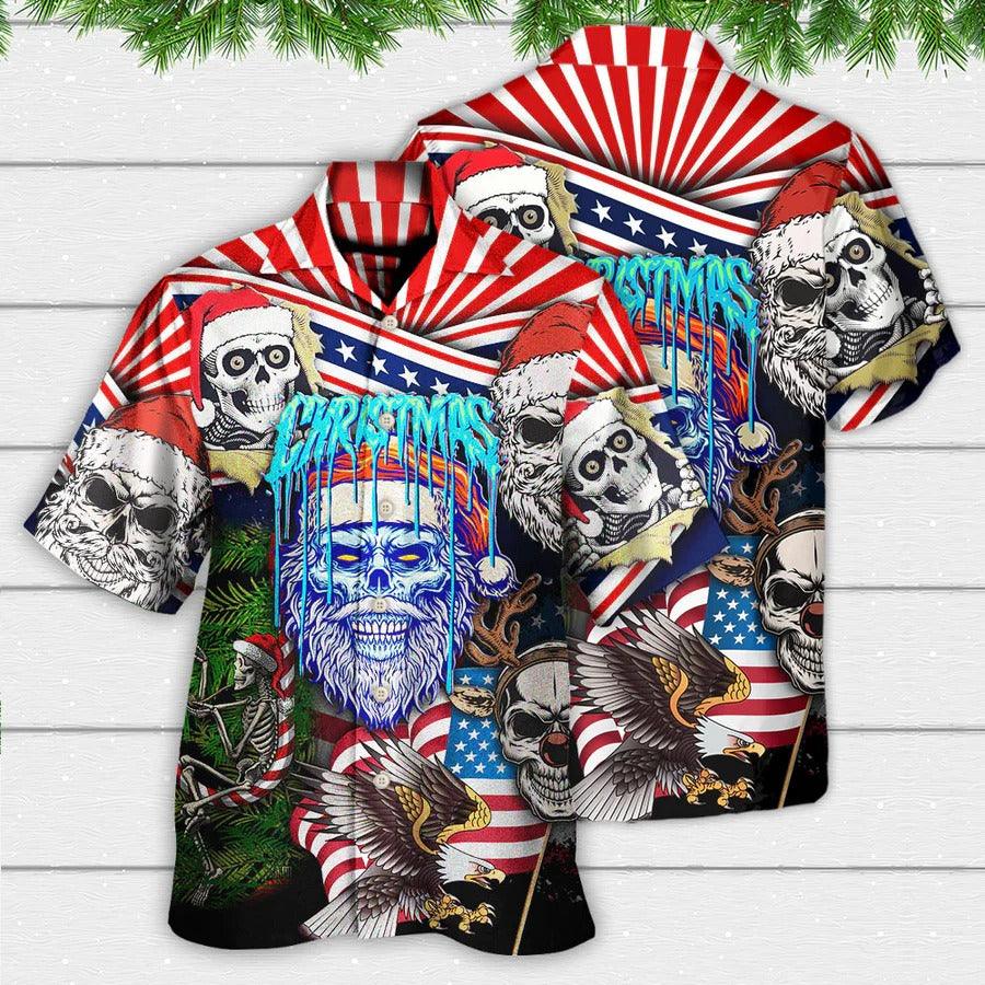 Skull Aloha Hawaiian Shirt For Summer - Skull Christmas US Flag Skeleton Horror Merry Christmas Hawaiian Shirt - Perfect Gift For Men, Women, Skull Lover - Amzanimalsgift