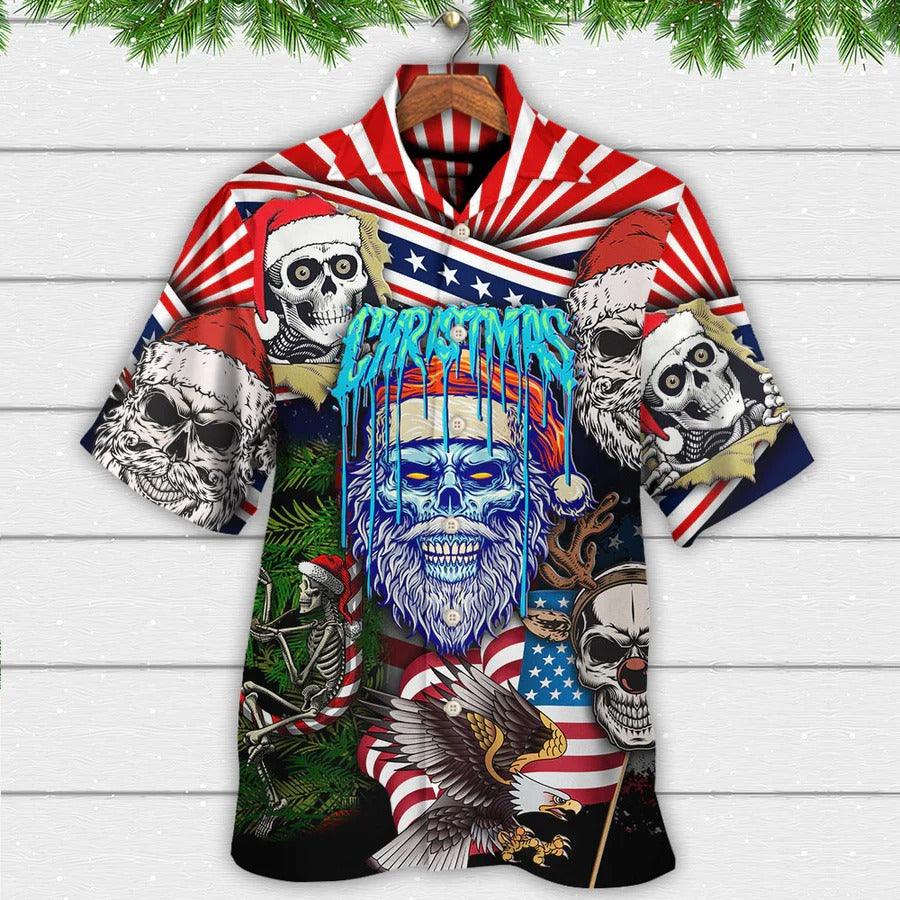 Skull Aloha Hawaiian Shirt For Summer - Skull Christmas US Flag Skeleton Horror Merry Christmas Hawaiian Shirt - Perfect Gift For Men, Women, Skull Lover - Amzanimalsgift