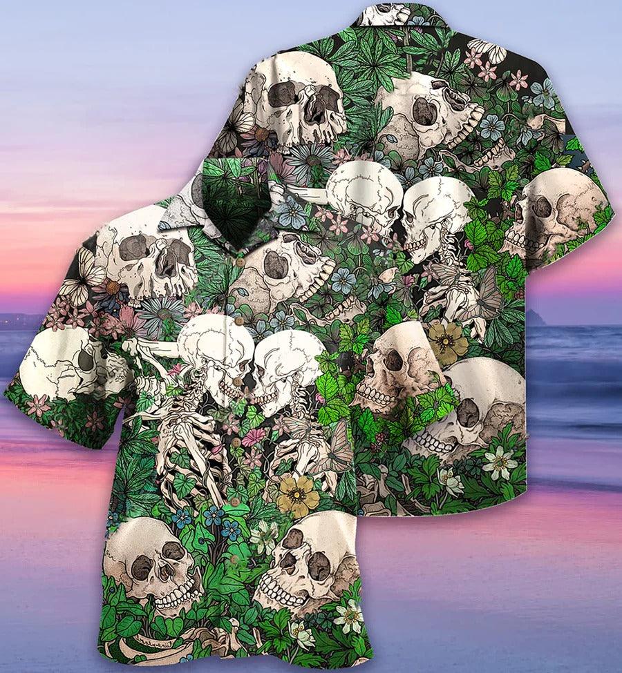 Skull Aloha Hawaiian Shirt For Summer - Skull Couple Kiss, Tropical flowers Hawaiian Shirt - Perfect Gift For Men, Women, Skull Lover - Amzanimalsgift