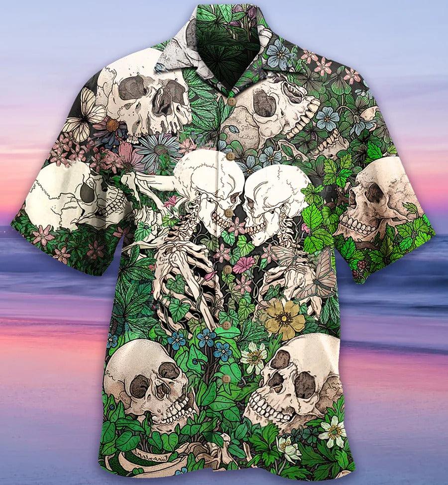 Skull Aloha Hawaiian Shirt For Summer - Skull Couple Kiss, Tropical flowers Hawaiian Shirt - Perfect Gift For Men, Women, Skull Lover - Amzanimalsgift
