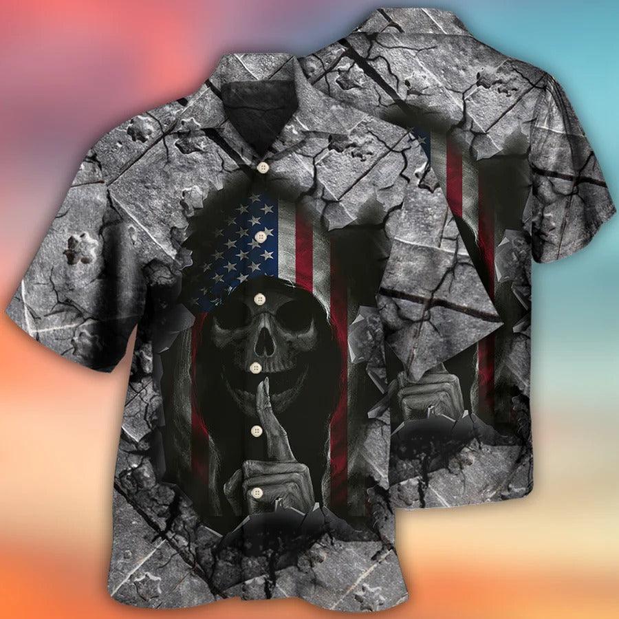 Skull Aloha Hawaiian Shirt For Summer - Skull Dark American Flag Strong Wrought Iron Hawaiian Shirt - Perfect Gift For Men, Women, Skull Lover - Amzanimalsgift