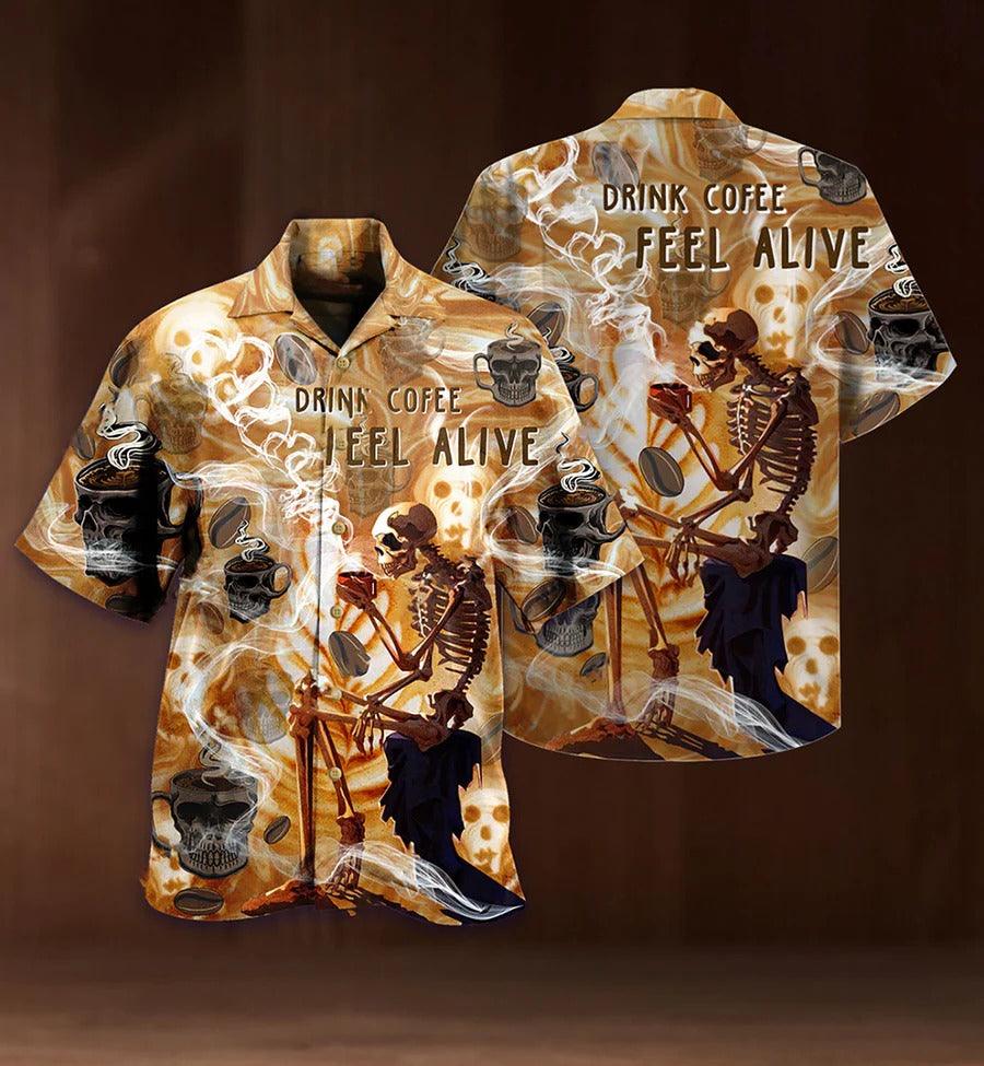 Skull Aloha Hawaiian Shirt For Summer - Skull Drink Coffee Feel Alive Hawaiian Shirt - Perfect Gift For Men, Women, Skull Lover - Amzanimalsgift