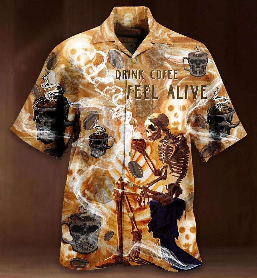Skull Aloha Hawaiian Shirt For Summer - Skull Drink Coffee Feel Alive Hawaiian Shirt - Perfect Gift For Men, Women, Skull Lover - Amzanimalsgift