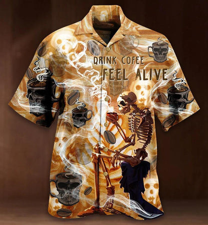 Skull Aloha Hawaiian Shirt For Summer - Skull Drink Coffee Feel Alive Hawaiian Shirt - Perfect Gift For Men, Women, Skull Lover - Amzanimalsgift