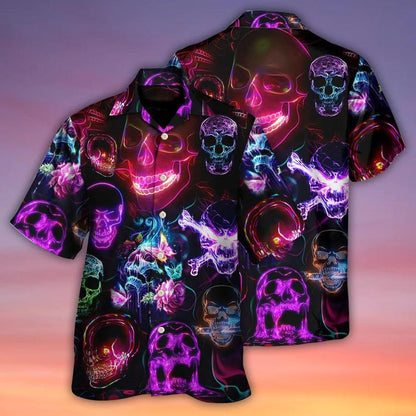 Skull Aloha Hawaiian Shirt For Summer - Skull Neon Art Happy Holiday Hawaiian Shirt - Perfect Gift For Men, Women, Skull Lover - Amzanimalsgift