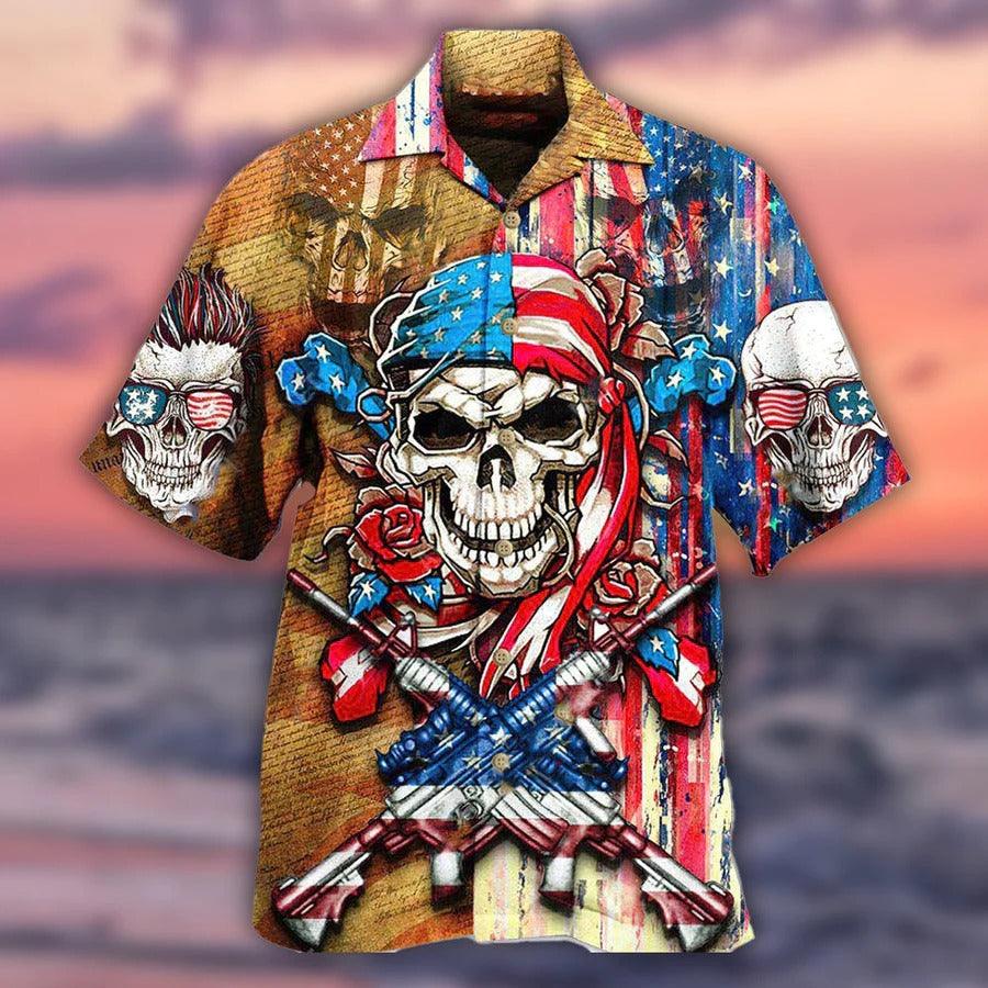 Skull Aloha Hawaiian Shirt For Summer - Skull Patriotic Flower America Hawaiian Shirt - Perfect Gift For Men, Women, Skull Lover - Amzanimalsgift