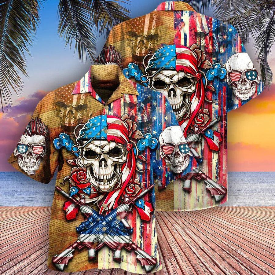 Skull Aloha Hawaiian Shirt For Summer - Skull Patriotic Flower America Hawaiian Shirt - Perfect Gift For Men, Women, Skull Lover - Amzanimalsgift