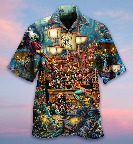 Skull Aloha Hawaiian Shirt For Summer - Skull Pirate Treasure Night On The Sea Style Hawaiian Shirt - Perfect Gift For Men, Women, Skull Lover - Amzanimalsgift