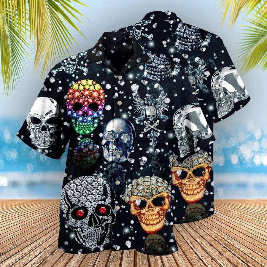 Skull Aloha Hawaiian Shirt For Summer - Skull Shiny Diamond, Diamond Skull Hawaiian Shirt - Perfect Gift For Men, Women, Skull Lover - Amzanimalsgift