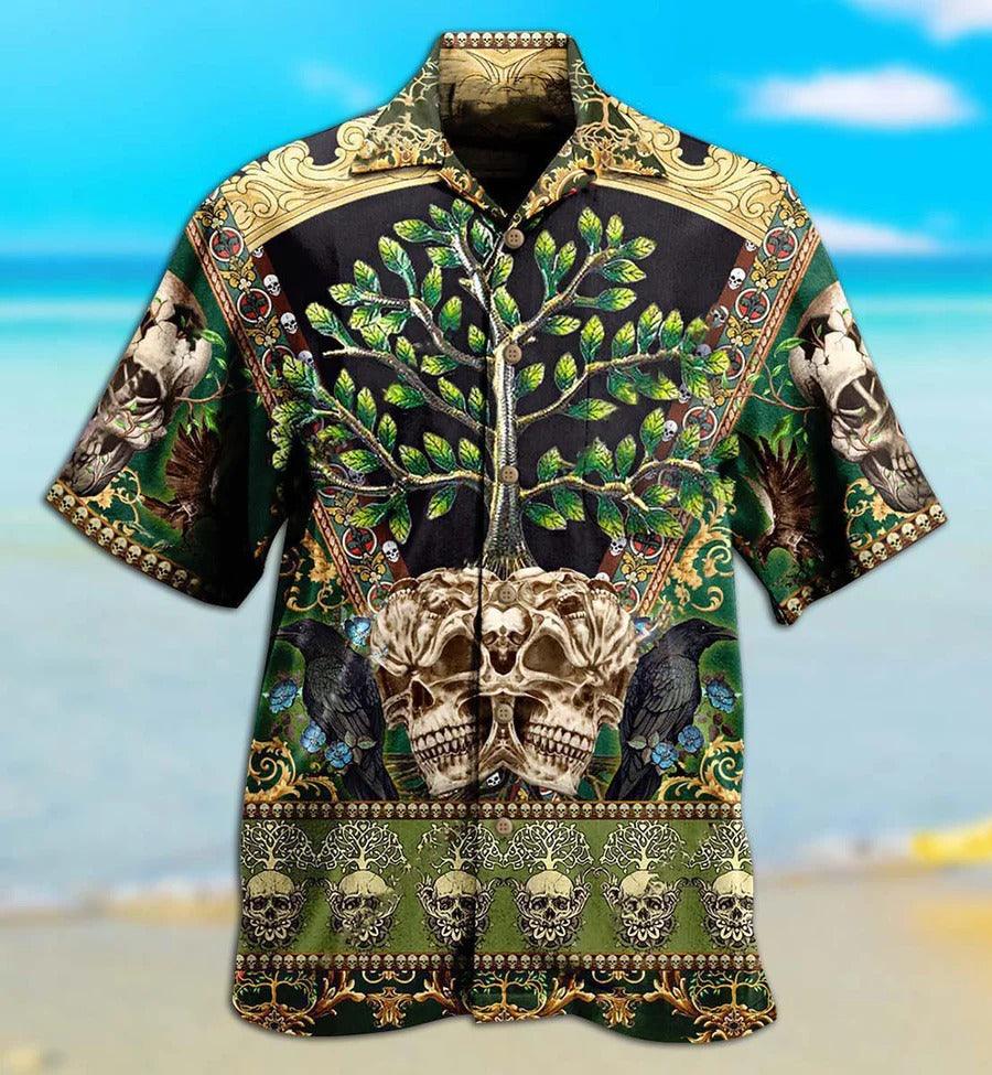 Skull Aloha Hawaiian Shirt For Summer - Skull Trees Style Love Green Cool Hawaiian Shirt - Perfect Gift For Men, Women, Skull Lover - Amzanimalsgift