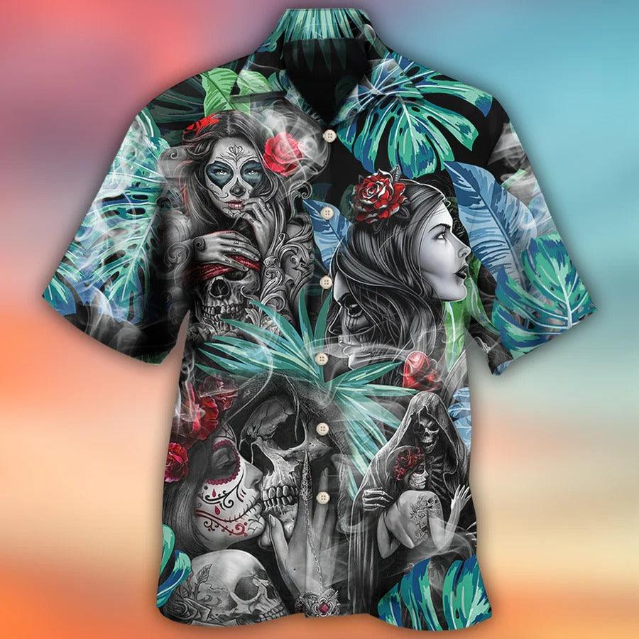 Skull Aloha Hawaiian Shirt For Summer - Skull Tropical White Smoke Red Flower Hawaiian Shirt - Perfect Gift For Men, Women, Skull Lover - Amzanimalsgift
