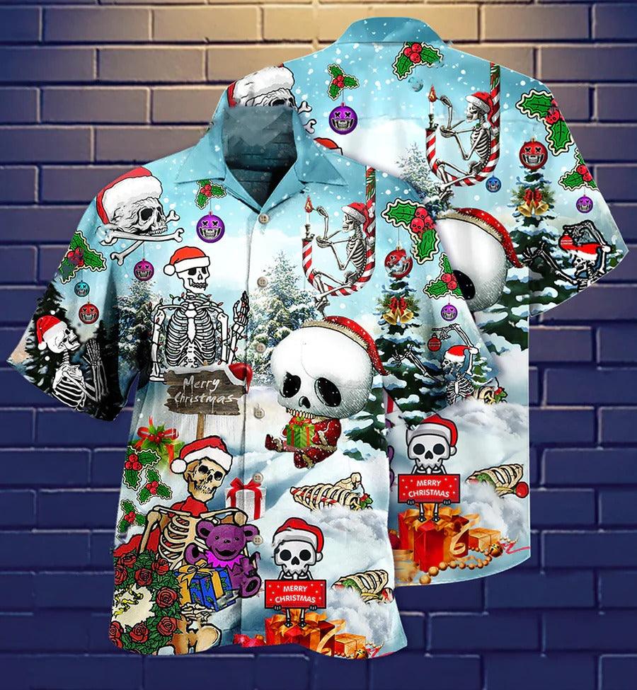 Skull Aloha Hawaiian Shirt For Summer - Skull Xmas Snow, Snowman Skull Hawaiian Shirt - Perfect Gift For Men, Women, Skull Lover - Amzanimalsgift