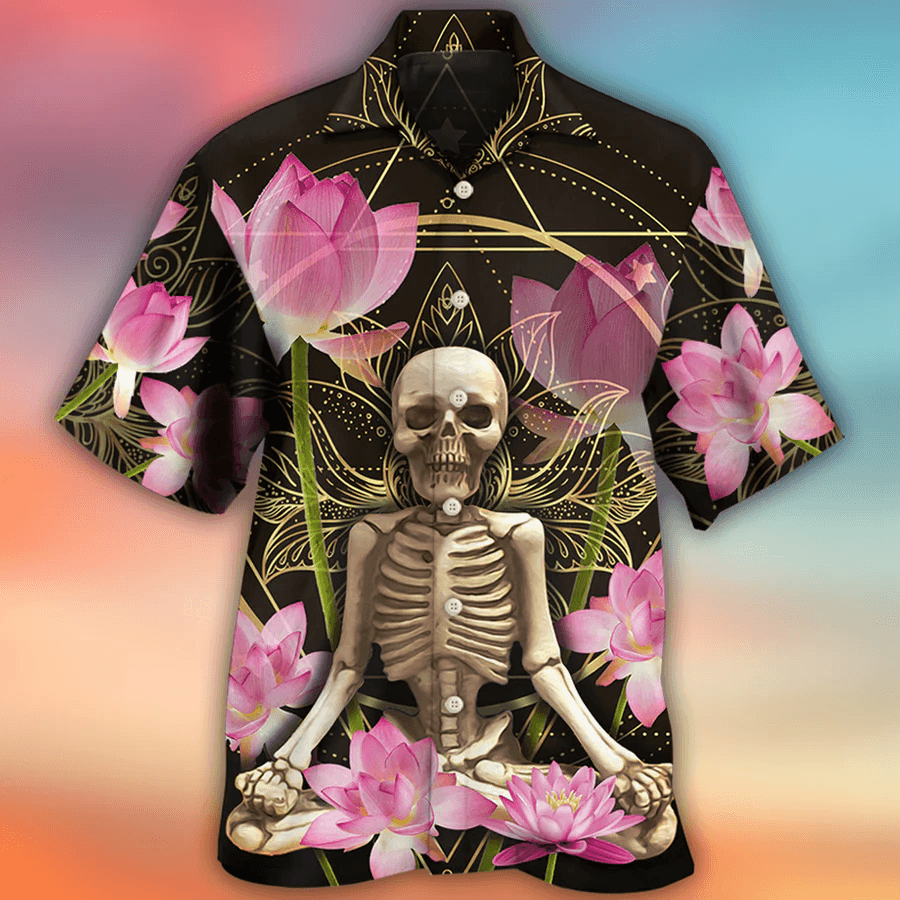 Skull Aloha Hawaiian Shirt For Summer - Skull Yoga Lighting Lotus Flower Hawaiian Shirt - Perfect Gift For Men, Women, Skull Lover - Amzanimalsgift