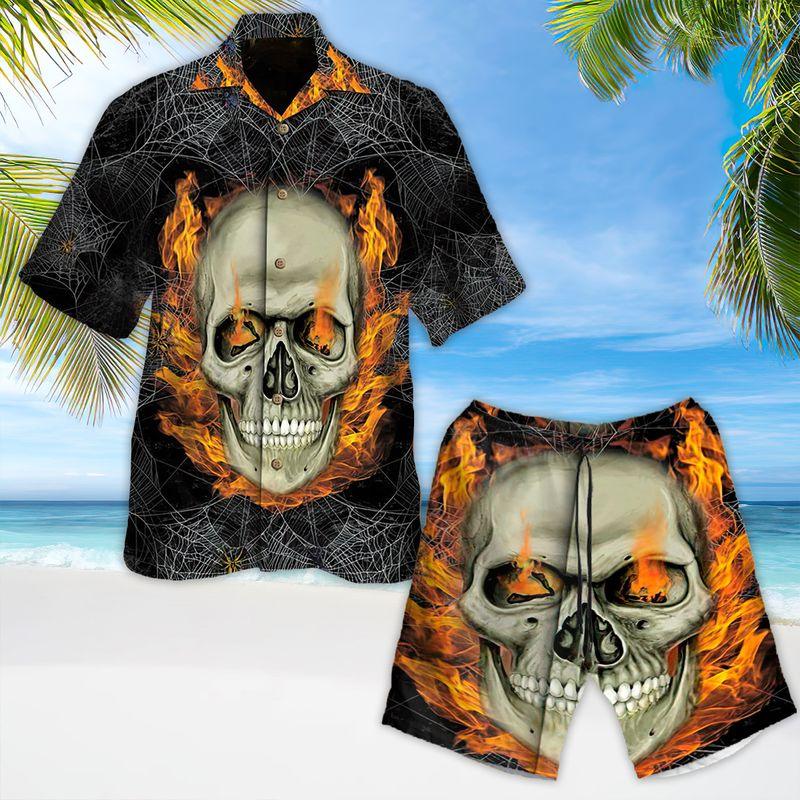 Skull Aloha Hawaiian Shirts For Summer, Flaming Skull Art Spiderweb Background Hawaiian Set For Men Women, Gift For Horror Style Lovers, Friend, Team - Amzanimalsgift