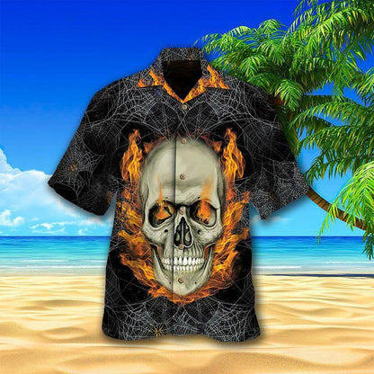 Skull Aloha Hawaiian Shirts For Summer, Flaming Skull Art Spiderweb Background Hawaiian Set For Men Women, Gift For Horror Style Lovers, Friend, Team - Amzanimalsgift